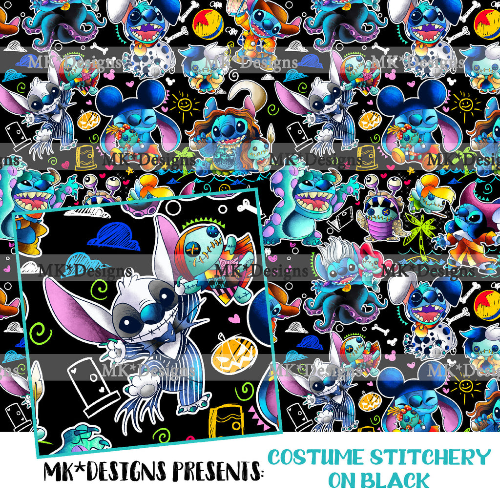 Costume Stitchery on black seamless digital pattern