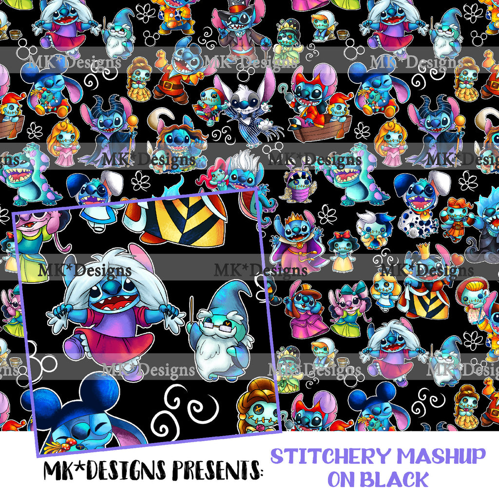 Stitchery Mashup on black seamless digital pattern