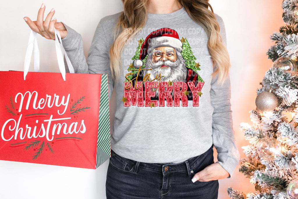 Stay Merry Santa faux sequins/embroidery DTF Transfer