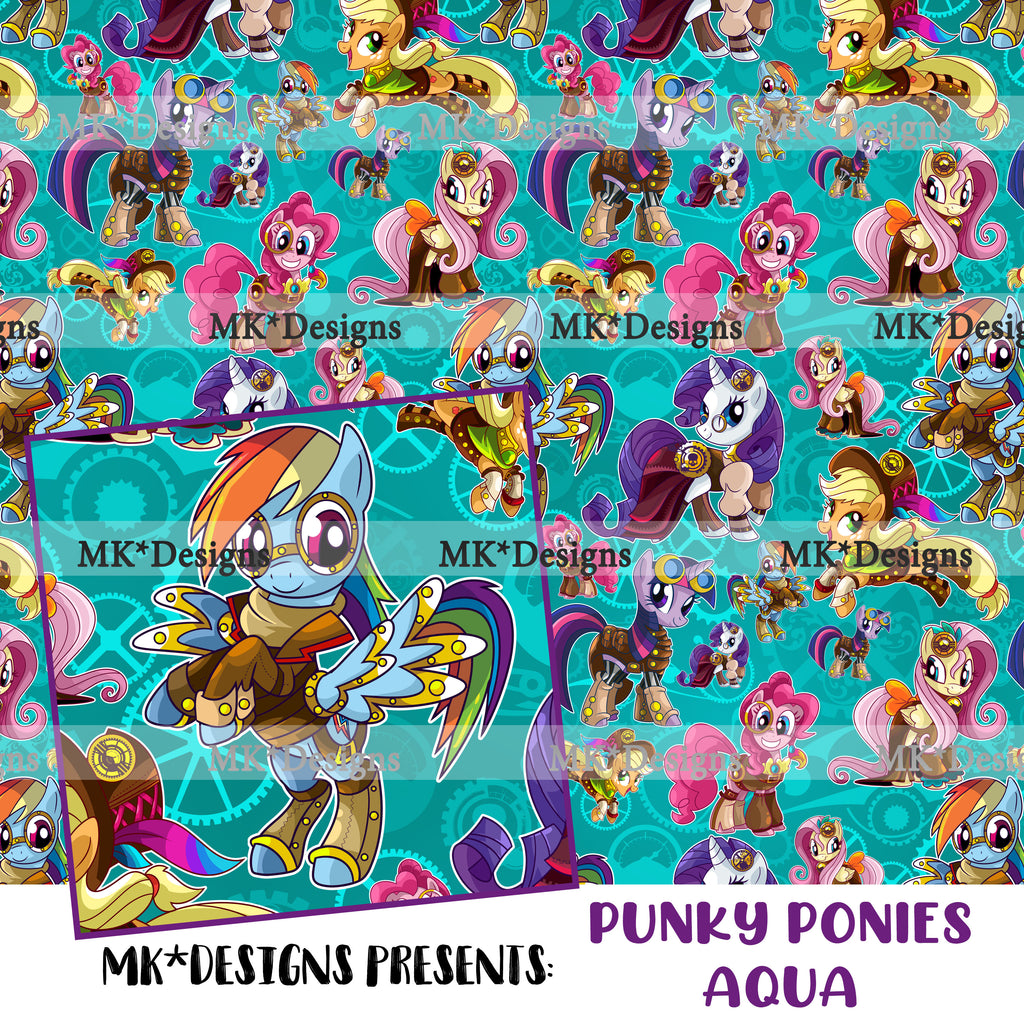 Punky Ponies Aqua seamless digital pattern