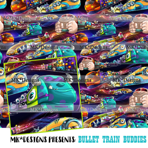 Bullet Train Buddies seamless digital pattern