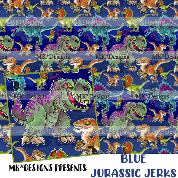 Blue Jurassic Jerks seamless digital pattern