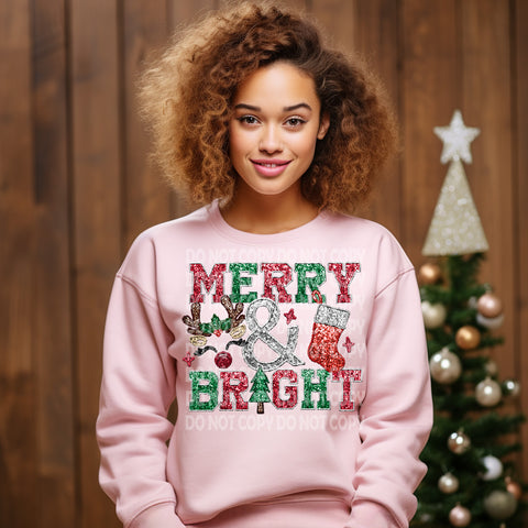Merry & Bright faux sequins/embroidery DTF Transfer
