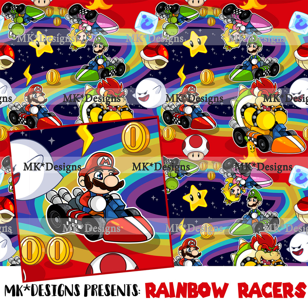 Rainbow Racers seamless digital pattern