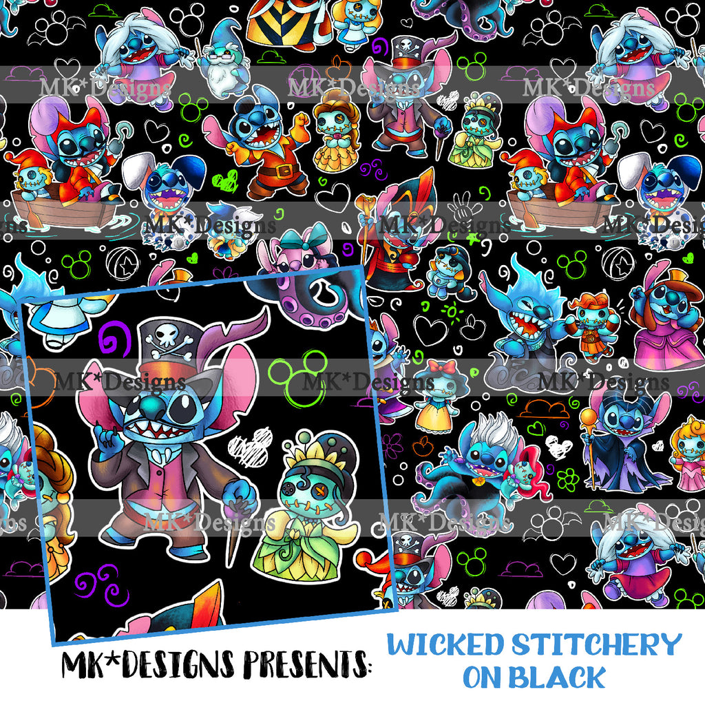 Wicked Stitchery on black seamless digital pattern