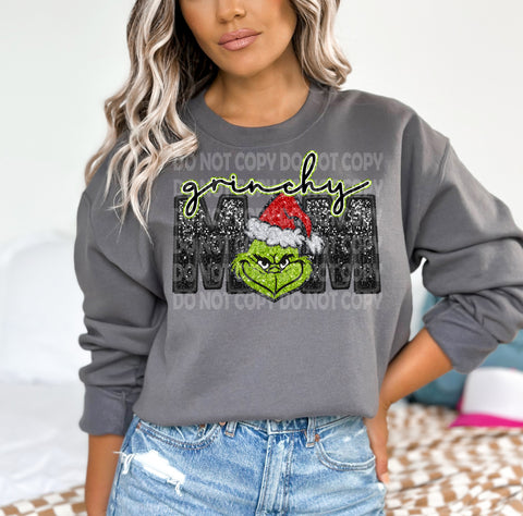 Grinchy Mom faux sequins/embroidery DTF Transfer