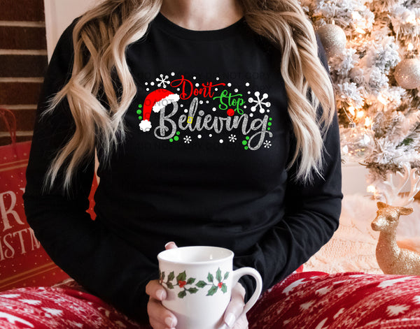 Don't Stop Believing faux glitter DTF Transfer